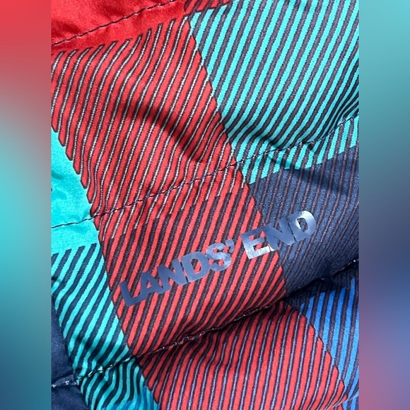 Lands' End Red Blue Turquoise Plaid Down Puffer Vest Large - Picture 7 of 10